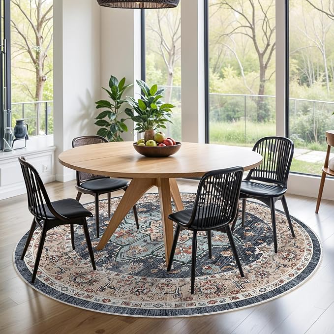 Washable Oriental Area Rug - 9ft Rugs for Living Room Soft Carpet for Bedroom Waterproof Floral Distressed Indoor Stain Resistant Non-Shedding Floor Carpets (Blue/Teal/Orange, 9ft-Round)