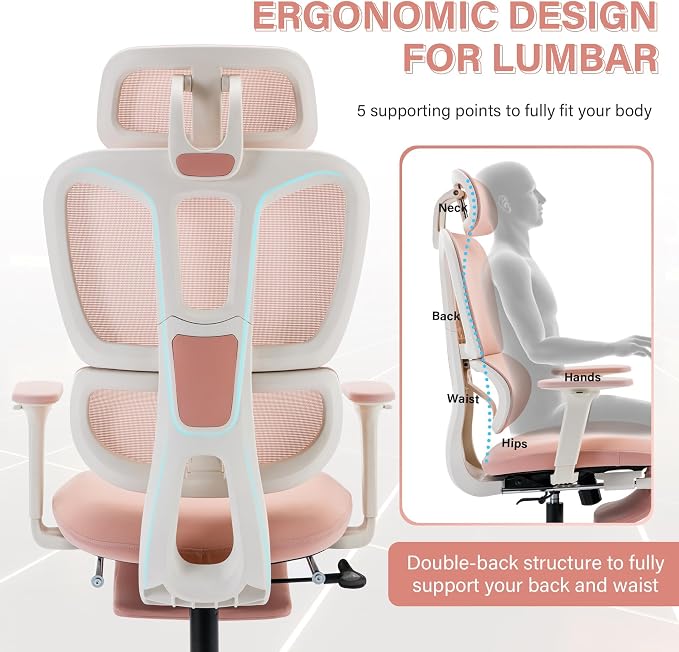 Ergonomic Office Chair with Retractable Footrest, Pink | High Back Design, Dynamic Lumbar Support, 2D Headrest & 2D Armrests, Breathable Mesh Back for Home Office