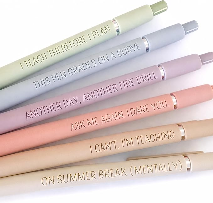 6 Pen Set｜Teacher Life Essentials Engraved Soft Touch Pens｜Funny Gift for Teacher Appreciation｜Back to School Supplies (Silver Pastel)