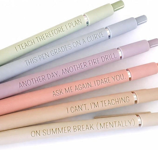 6 Pen Set｜Teacher Life Essentials Engraved Soft Touch Pens｜Funny Gift for Teacher Appreciation｜Back to School Supplies (Silver Pastel)