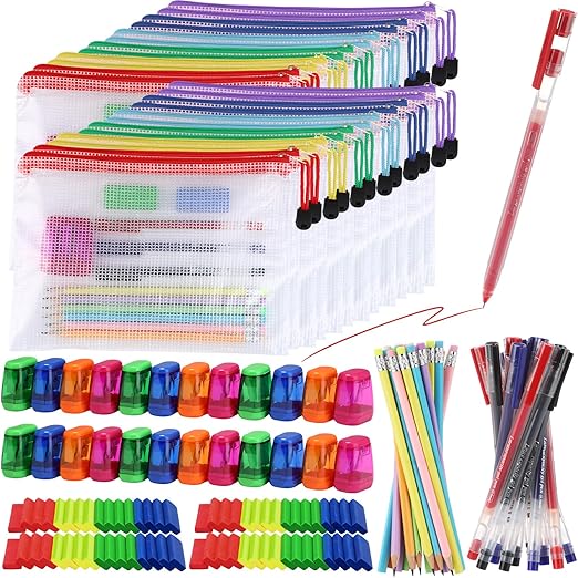 312 Pcs/24 Set Back to School Supplies Kit, Mesh Zipper Pouch Bags with Pencils, Erasers, Sharpeners, Pens – Bulk School Supplies for Classroom & Office Use
