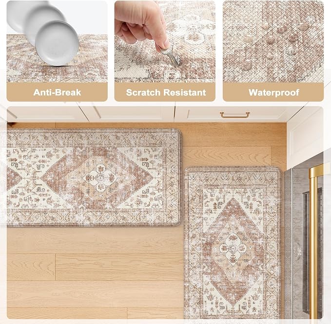 KIMODE Anti Fatigue Kitchen Mats,Boho Vintage Kitchen Rugs Sets of 2,Non Slip Waterproof Kitchen Floor Mats,Ergonomic Cushioned Comfort Standing Mat for Laundry,Office,Sink,Desk,Mutil-Khaki