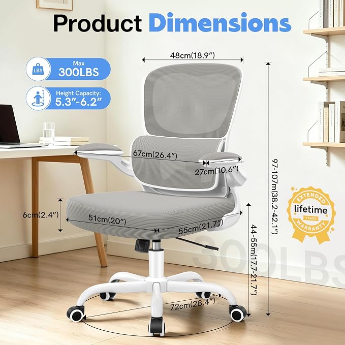 ALLGOD Ergonomic Office Chair, Breathable Mesh Ergonomic Desk Chair with Adjustable Lumbar Support, Flip-up Armrests, Computer Chairs Comfortable for Home, Office, Work, 300lbs, LightGray, Upgrade