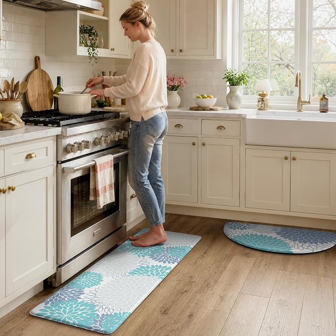 KIMODE Half Circle Anti Fatigue Mats for Kitchen Floor Rug Sets of 2 | 18"x28+18"x47",Blue White,Dahlia Floral Boho,Kitchen Rug 2pcs,Non Slip,Waterproof,for Sink Office Laundry Bathroom Decor