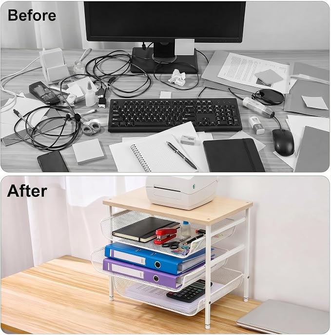 4-Tier Mesh Desk Organizer with Drawer Wooden Top Desktop Organizers File Holder Letter Tray Supplies Paper Organizer Home Office Accessories White