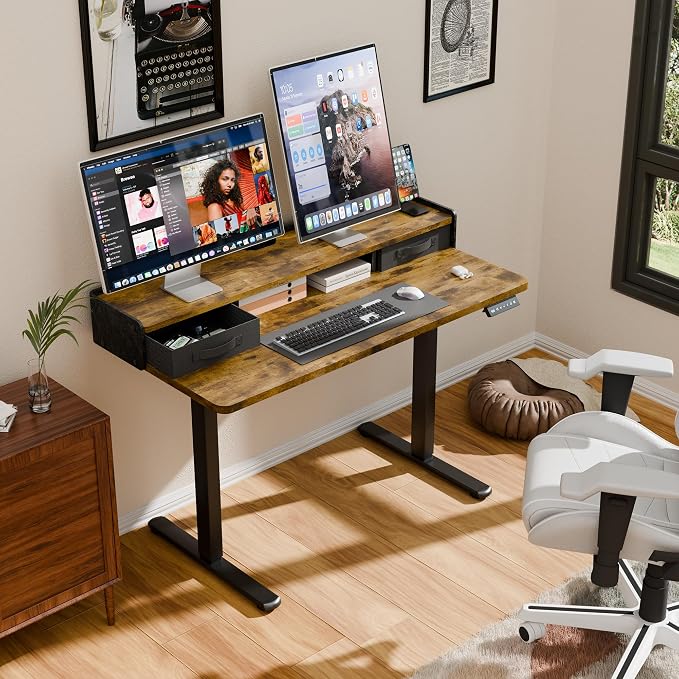 YESHOMY 48" x 23" Electric Standing Desk with 2 Drawers, Height Adjustable Computer Desk, Low Noise Home Office Stand Up Desk with 2 Preset Heights & 2 Hooks, Rustic Brown
