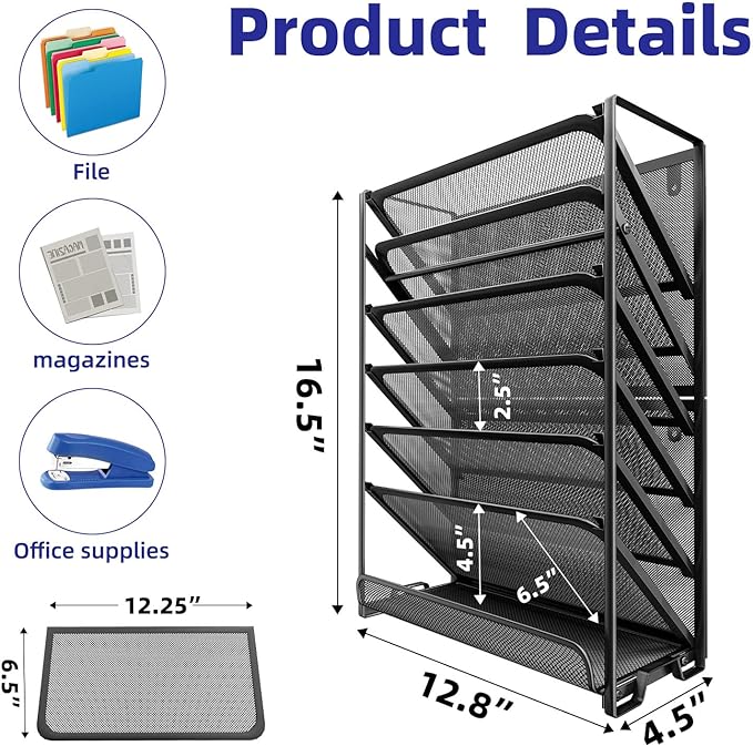 Simple Trending Wall File Organizer, Mesh 7-Tier Vertical Hanging File Holder, Desktop Metal Files Rack for Office and Home, Black