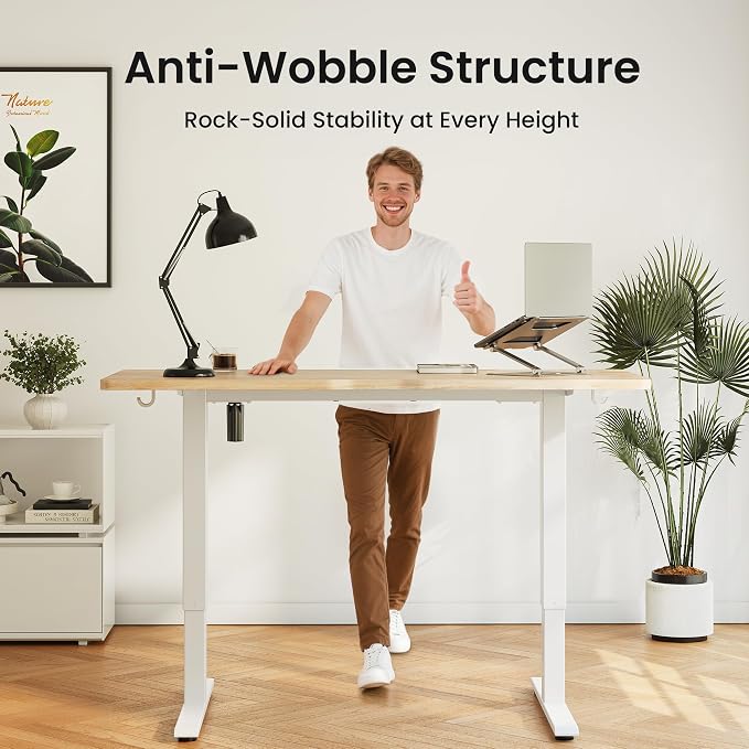 DESINO Standing Desk, 32 × 19 Inches Electric Height Adjustable, Sit and Stand Up, Computer Office Desk with Splice Board, White Frame/Oak TOP
