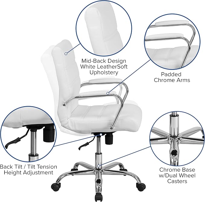 Flash Furniture Whitney Mid-Back Swivel LeatherSoft Desk Chair with Padded Seat and Armrests, Adjustable Height Padded Office Chair, White/Chrome