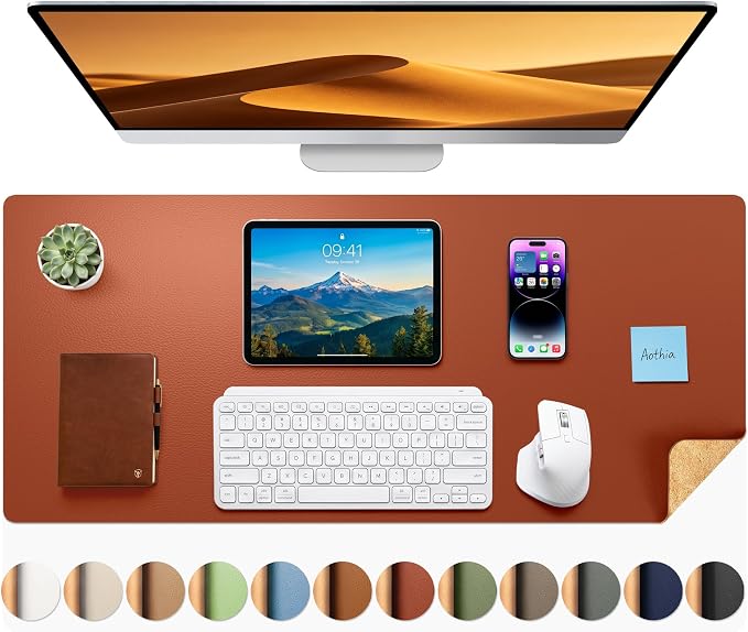 Aothia Dual-Sided Desk Pad - Leather Desk Mat, Natural Cork Desk Pad Protector, Large Mouse Pad for Desk, Waterproof Desk Blotter Pad, Desk Writing Pad for Office Work/Home, Maple Brown(35.4" x 15.7")