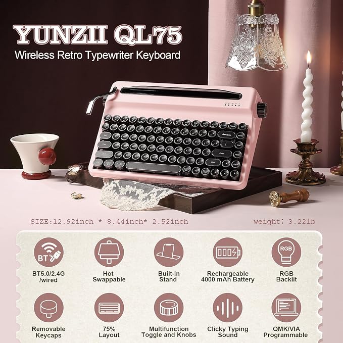 YUNZII QL75 Wireless Typewriter Hot Swap Retro Mechanical Keyboard,Punk Round Keycaps,RGB Backlit QMK/VIA Programmable,Multi-Device Keyboard with 2.4GHz/Type-C/BT5.0 (Pink, Onyx Switch)