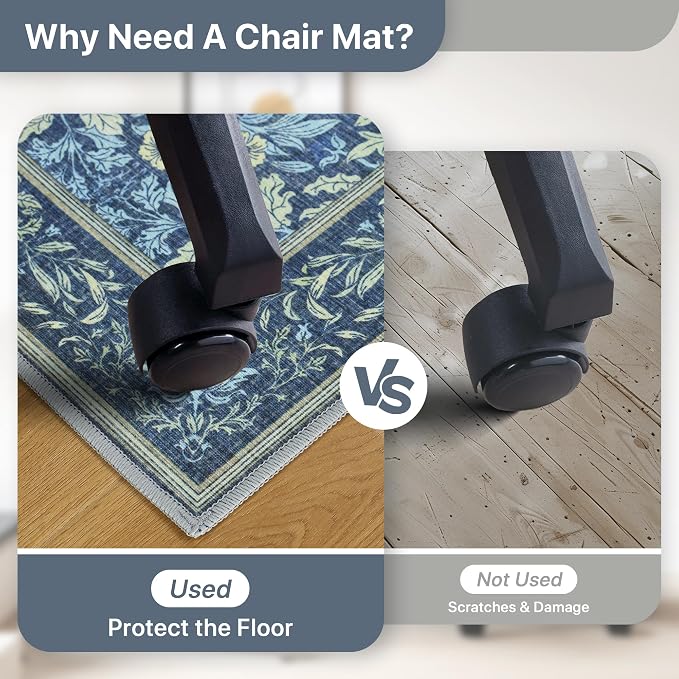 48"x60" Office Chair Mat for Hardwood Tile Floor, Under Desk Carpet Protector for Rolling Computer Chair Mat, Machine Washable Area Rug, Anti-Slip 1/5" Thick Low Pile Thin Vinyl Floor Mat, Dark Blue
