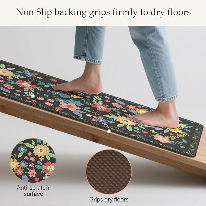 GENIMO Anti Fatigue Kitchen Mats for Floor 2PCS, Cushioned Standing Mats | 17.3"x47"&17.3"x30", Black vintage floral rug set, waterproof, non slip, easy-clean for farmhouse