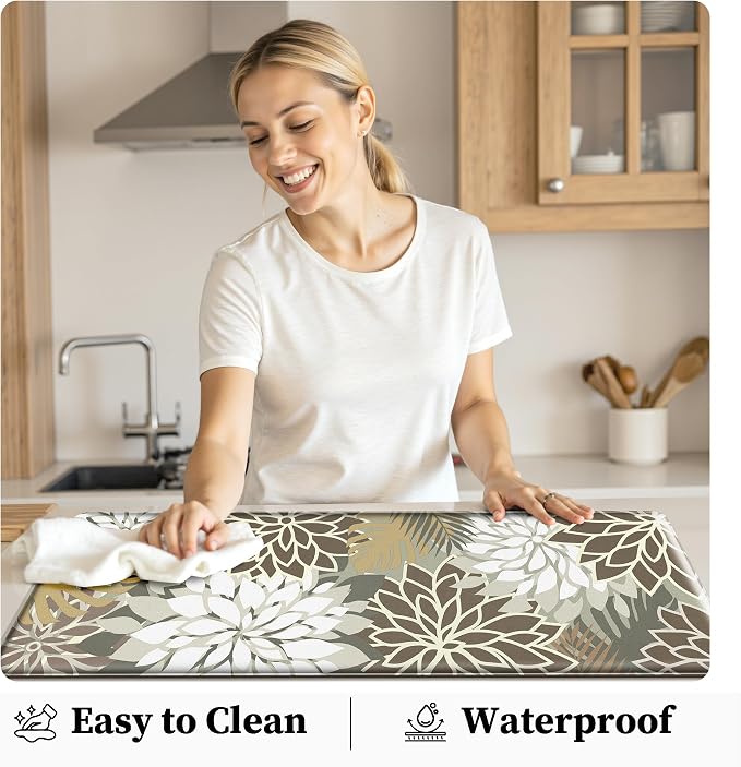 Arenarug Kitchen Mats for Floor 2PCS Cushioned Anti Fatigue Kitchen Mats Waterproof Non Slip Kitchen Mat Rug Set Comfort Foam Standing Mat for Sink, Laundry, Office, 24"x39"+24"x59", Brown White