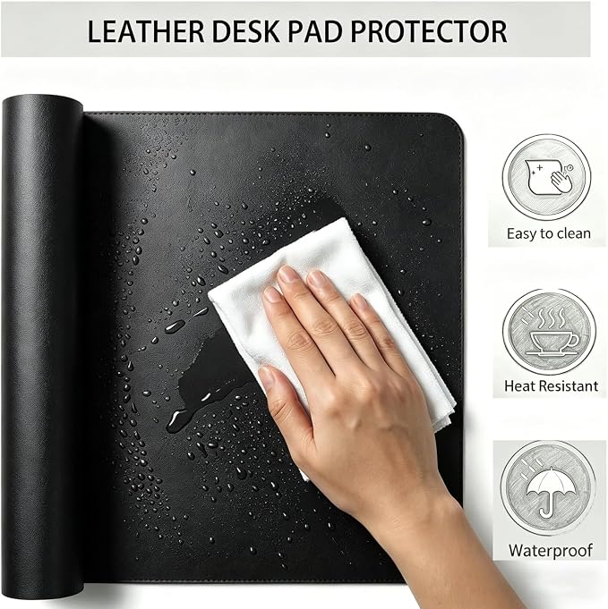 Leather Desk Protector, (Black, 12" x 32") Office Mat, Large Mouse Mat, Non-Slip PU Leather Blotter, Laptop Desk Mat, Waterproof Writing Pad for Office and Home