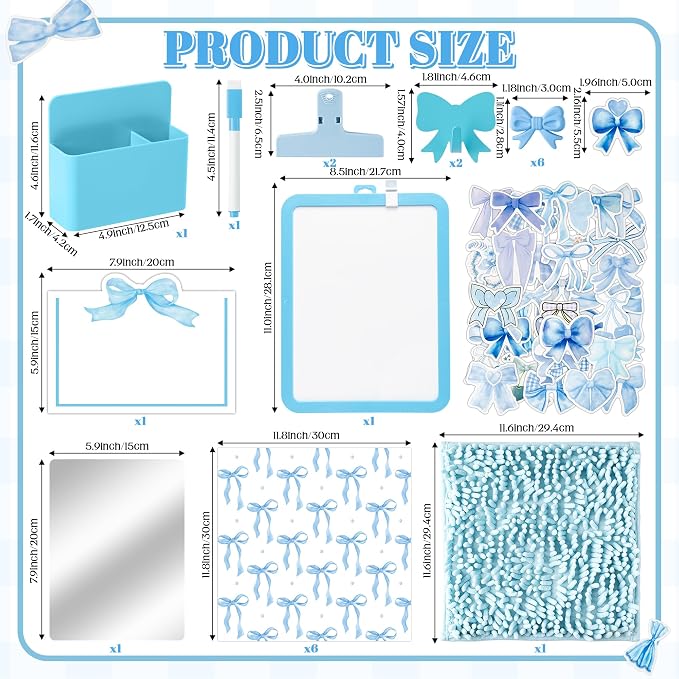 BeYumi Blue Locker Accessories Kit - Back to School Blue Bow Locker Organizer Decoration Supplies for Girls Magnetic Wallpaper Pen Holder Whiteboard Marker Mirror Magnets Rug Classroom Accessories Kit