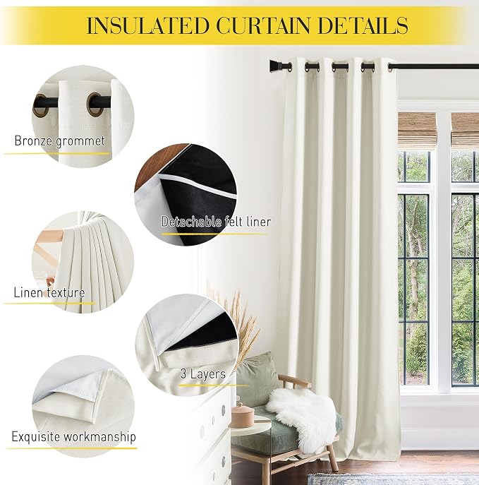 NICETOWN Sound Barrier 100% Blackout Greyish White Faux Linen Curtains 84", Noise, Cold and Heat Blocking Drapes with Felt Fabric Lining for Nursery/Daytime Sleep/Bedroom (2 PCs, 52" Wide)