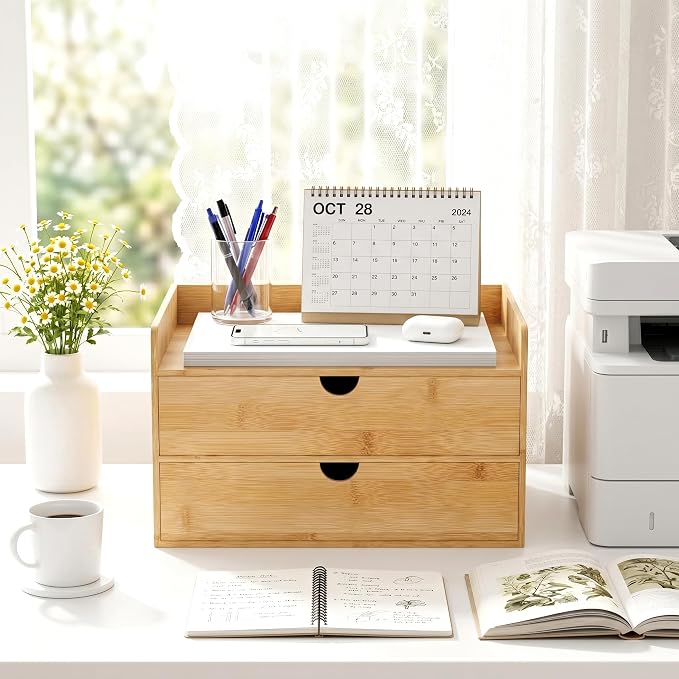 Desk Organizer with Drawers - Bamboo Desktop Organizer Storage | White-Natural Wood Desk Drawers Organizer for Bills, Office Supplies, Cosmetics, Seals No Assembly Required