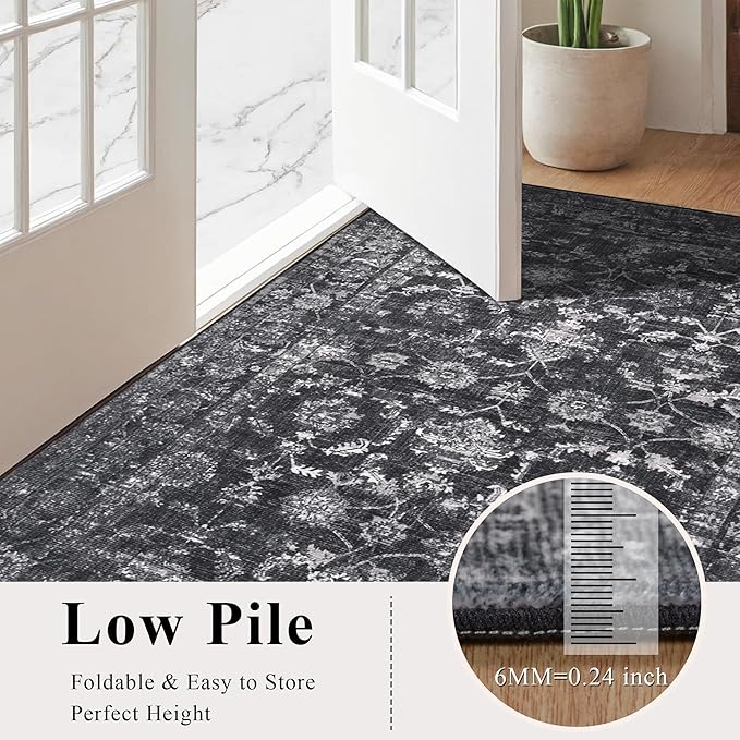 3x12 Black Runner Rug Hallway Washable Area Rugs Kitchen Vintage Boho Non Slip Long Rug Floral Carpet Indoor Retro Soft Low Pile Throw Rug for Bedroom Bathroom Laundry Dining Living Room Office