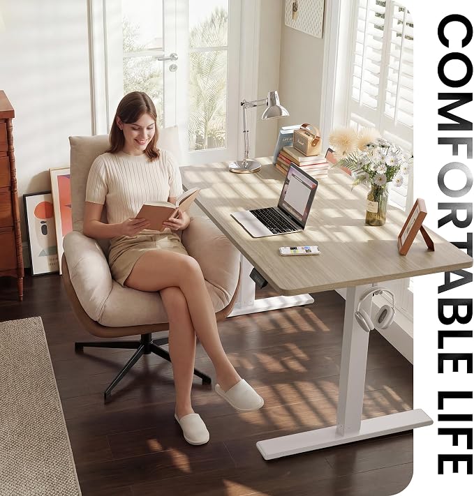 CubiCubi Electric Standing Desk 48 x 24 Inch, Height Adjustable Sit Stand Desk with Memory Presets, Splice Desktop Computer Desk for Home Office, White Frame/Light Walnut Top