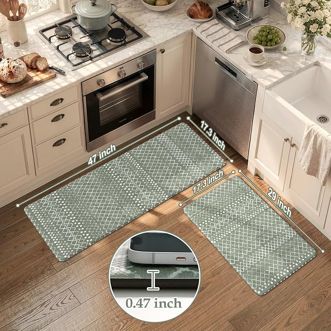 KIMODE Kitchen Mats for Floor Anti Fatigue Green Boho Kitchen Rugs Sets of 2 Cushioned Kitchen Floor Mats Comfort Standing Mat Geometric Laundry Room Rug for Bathroom Sink Office Desk 17"x47"+17"x29"