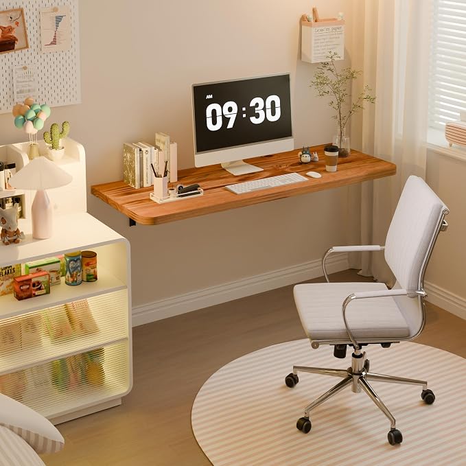 Dogsky Floating Wall Desk, 48" x 16" Wall Mounted Folding Table, Pine Wood Fold Down Wall Table, 300 lb Capacity Wall Mount Desk for Small Apartment, Laundry Room,Kitchen,Bar & Computer,Burning Yellow