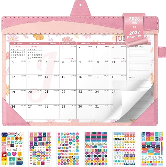 Ospelelf Leather Desk Calendar 2026-2027 Large 12"x17" Monthly Planner Pad with Protective Cover 18 Months Use July 2026 to December 2027 Pink Floral