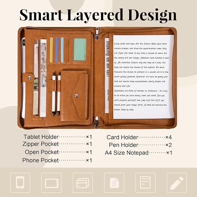 Calfinder Personalized Portfolio for Women&Men, Free Name Engrave,Customized Leather Padfolio, Business Portfolio with Zipper and Handle for Ipad, Document