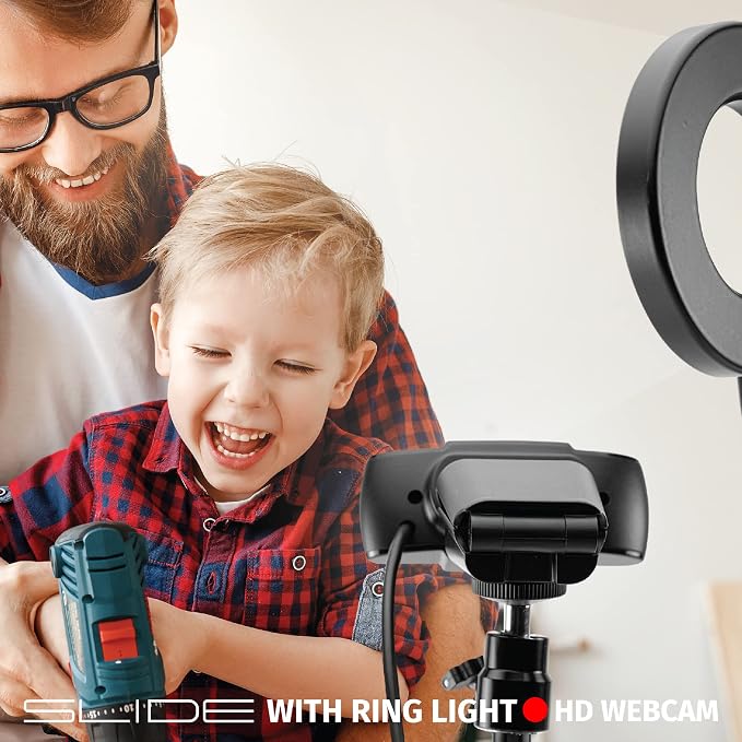 Slide 720P HD Webcam with Portable Ring Light and Clamp-on Stand, Streaming Camera with Mic, 30 FPS, 30 Light Modes, 2 Flexible Arms, Secure Clamp, Includes Sliding Lens Cover and USB Cable