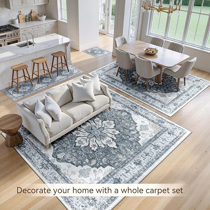 RELEANY Area Rugs 5'x8' Washable Non-Slip, Floral Vintage Distress Medallion Carpet for Living Room Bedroom Dining Room, Light Gray Grey White