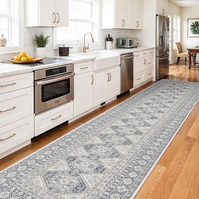 3x16 Runner Rug Kitchen Washable:Oriental Indoor Hallway Runners with Non Slip Backing Floor Mat for Entryway Door Low Pile Thin Carpet for Bedroom Bathroom Living Room Bedside (Blue, 3x16)