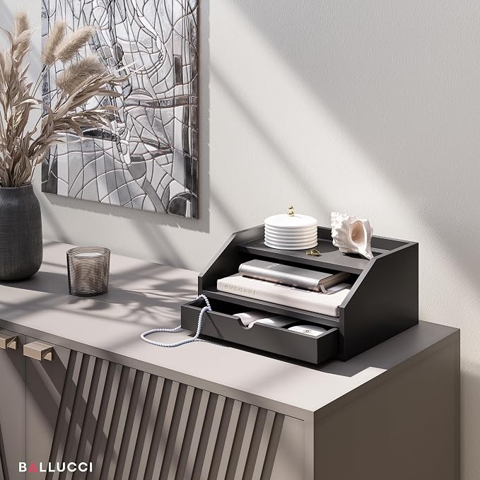 Ballucci Desk Organizer with Drawer, 2 Tier Paper Office Supplies Desk Organizer, 13 2/5" x 9 3/5" x 6", Black