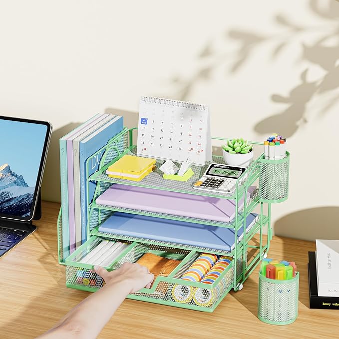 Marbrasse 4-Tier Paper Tray Organizer with Drawer and Pen Holder, Green | Metal Mesh Desk Organizer, Built-in Drawer & 2 Pen Slots, fits letters/Files, for School Home Office Supplies