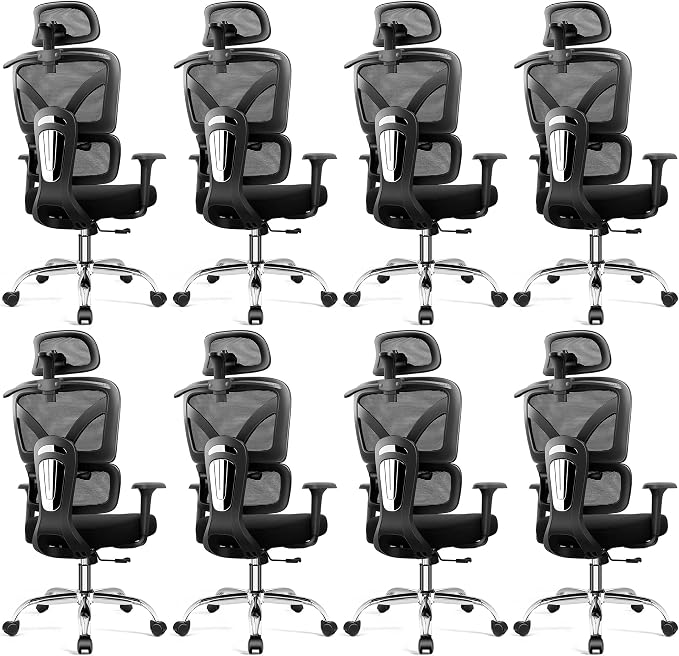Ergonomic Desk Chair, Breathable Mesh Office Chair for Long Hours, 8 Pack | Adjustable Lumbar Support for Back Pain Relief, 4.33'' Thick Foam Cushion, 3D Headrest, Computer Chair for Home Office, Black