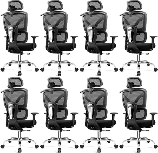 Ergonomic Desk Chair, Breathable Mesh Office Chair for Long Hours, 8 Pack | Adjustable Lumbar Support for Back Pain Relief, 4.33'' Thick Foam Cushion, 3D Headrest, Computer Chair for Home Office, Black