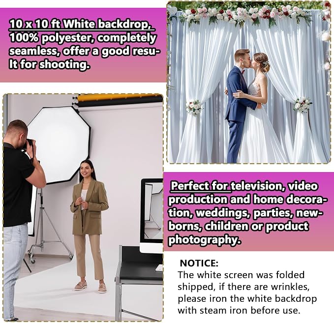 Photo Backdrop White 10 x 10ft, White Backdrop for Photoshoot, Solid White Photography Backdrop Background, Seamless Photo Backdrop Curtain for Wedding Baby Shower Picture Photobooth Portrait Backdrop