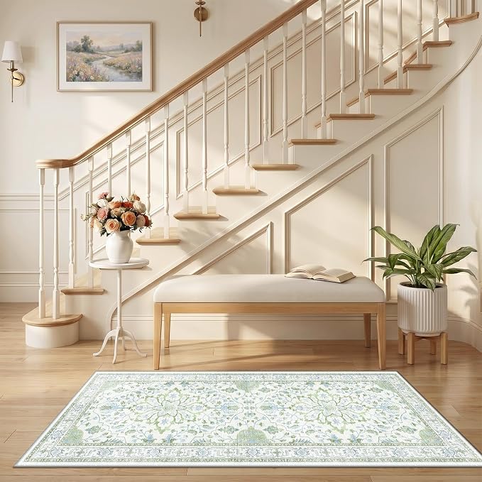 RELEANY Area Rugs Runner 2'6"x5' Washable Non-Slip, Floral Vintage Distress Medallion Carpet for Kitchen Hallway Bedroom Beside Laundry Room Bathroom, Green White Blue
