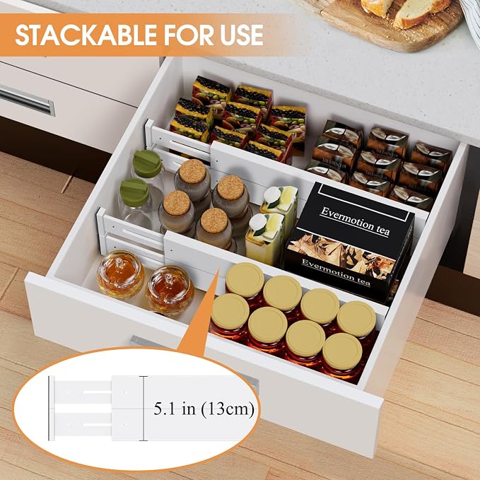 Bamboo Drawer Dividers, Adjustable Drawer Organizers, Fits 17.6–21" Drawers | 2.5" High, 6 Pack Expandable Drawer Separators for Kitchen, Nursery, Dressers & Office Storage, White