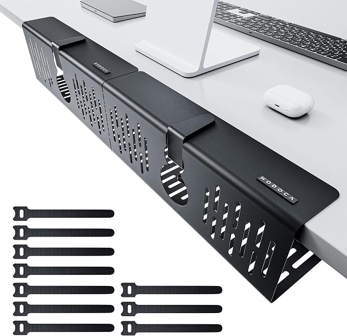 NODOCA No Drill Under Desk Cable Management Tray, 14'' Wire Management, Punch-Free Clamp on, Metal Cable Tray, Wire Organizer Under Desk, Under Desk Basket for Office and Home, Black(2 Packs)