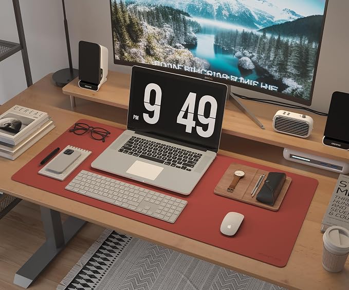 RENMTURE Dual-Sided Large Desk Pad, Faux Leather Natural Cork Mouse pad, Desk Accessories Protector, for Office and Home Work (Orange, 32"x16")
