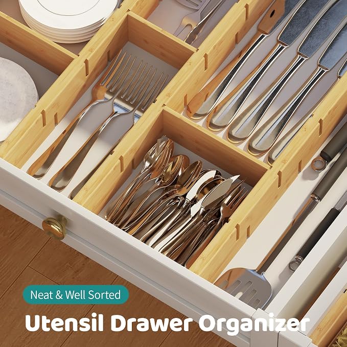 Bamboo Drawer Dividers with Inserts, Kitchen Adjustable Drawer Organizers, Expandable Organization for Home, Dressers, 4 Dividers with 8 Inserts