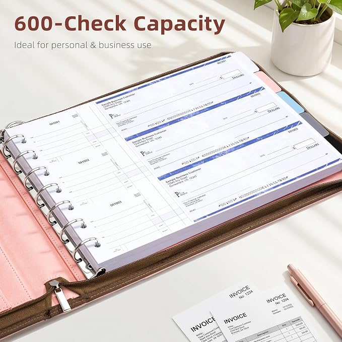 Ospelelf Pink Zippered 7 Ring Check Binder for Business Checks (9" x 13"), 1 Inch Faux Leather Checkbook Portfolio with Zipper Pouch, Professional Binder Organizer for Accountants, Home Use