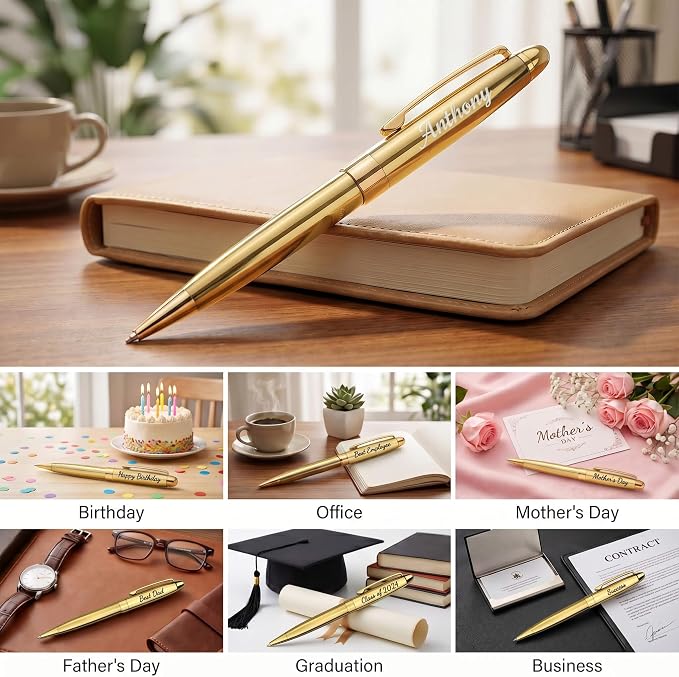 Ancolo Personalized Retractable Ballpoint Pens Stainless Steel Fancy Pens Engraved with Your Name Logo or Message, Phone Number Black ink Perfect for Bank, Office, Hotel 5 Pcs/Pack