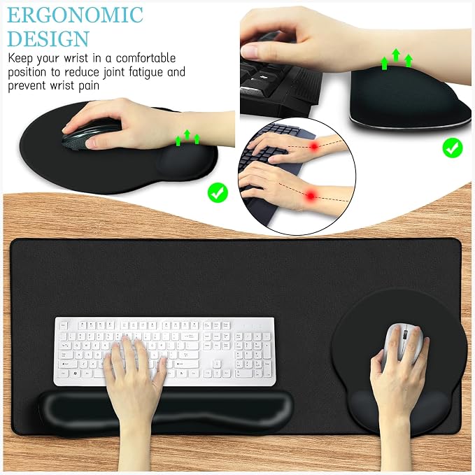 LIMKRIAN Black Mouse Pad Set Large Desk Matt for Desktop, Ergonomic Mouse Pad with Wrist Rest, Gaming Wrist Support Keyboard Mat Cup Coaster Set Cute Office Desk Decor Accessories(Obsidian Black)