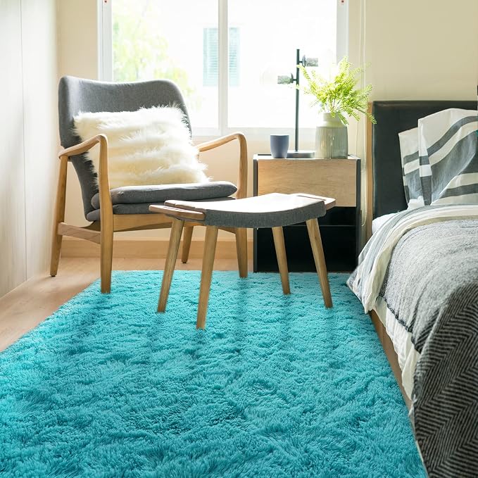 HOMORE Luxury Fluffy Area Rug Modern Shag Rugs for Bedroom Living Room, Super Soft and Comfy Carpet, Cute Carpets for Kids Nursery Girls Home, 4x6 Feet Turquoise Blue