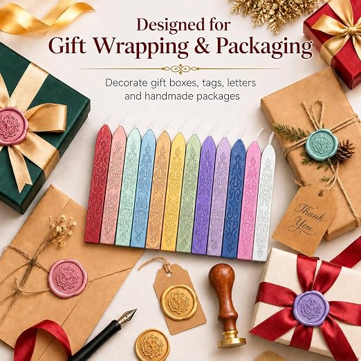 12 Pieces Sealing Wax Sticks with Wicks for Letter Seal Wax Stamp,Wedding Invitations, Packaging Decoration,Christmas Gift Ideas (Color A)