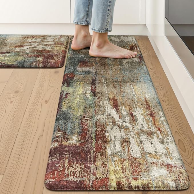 LEEVAN Anti Fatigue Kitchen Mats for Floor, Cushioned Kitchen Mat Set 2PCS | 17.3"x29"+17.3"x47", Modern Abstract Red Kitchen Rugs Non-Slip, Waterproof Ergonomic Standing Mat for Laundry, Office, Sink