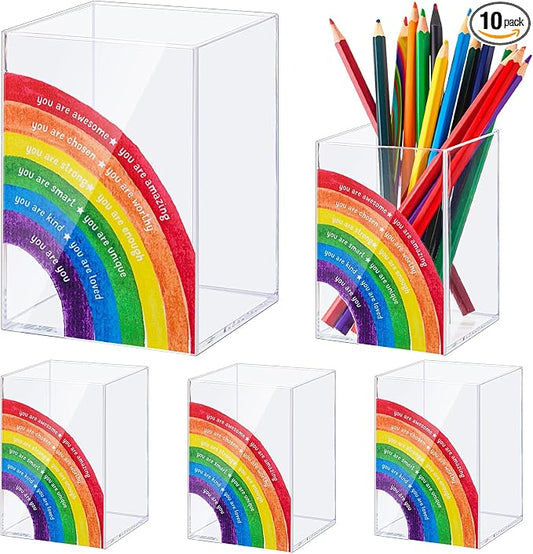 Sherr 10 Pcs Acrylic Pen Holders Teacher Appreciation Gifts Rainbow Pencil Storage Cups Inspirational Desk Organizers Stationery Pots Bulk for School Classroom Office Supplies