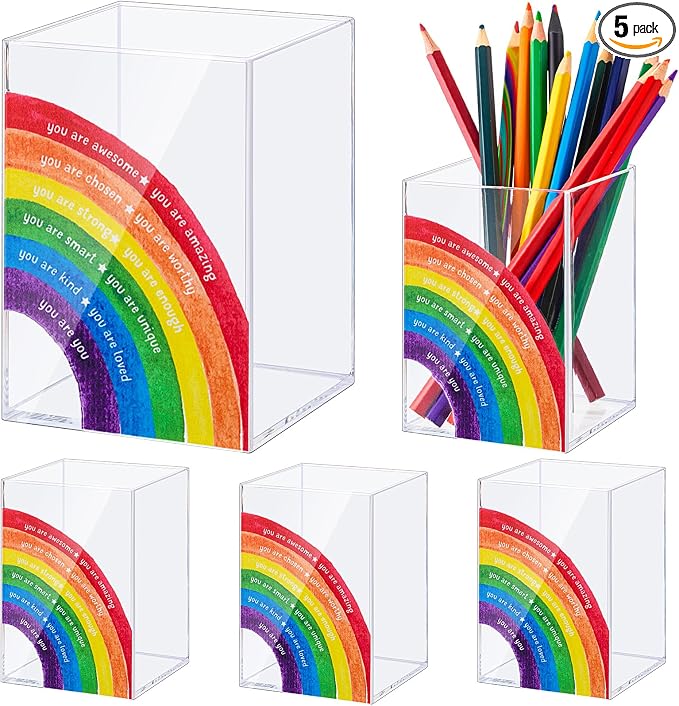Sherr 5 Pcs Acrylic Pen Holders Teacher Appreciation Gifts Rainbow Pencil Storage Cups Inspirational Desk Organizers Stationery Pots Bulk for School Classroom Office Supplies