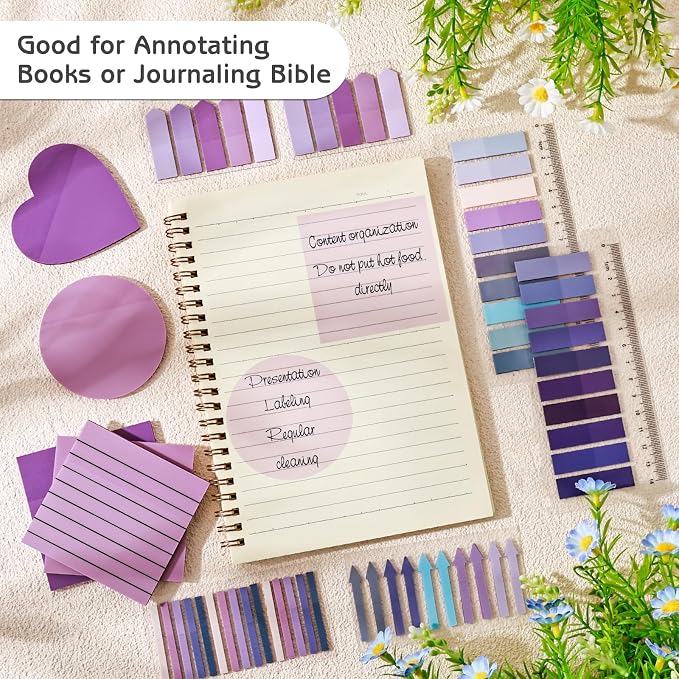 1450 Sheets Transparent Sticky Notes, 3 x 3 inch Aesthetic Clear Lined Sticky Notes with Pen, Gradient Color Waterproof Self-Adhesive Annotation Tabs for Bible Journaling (Purple)